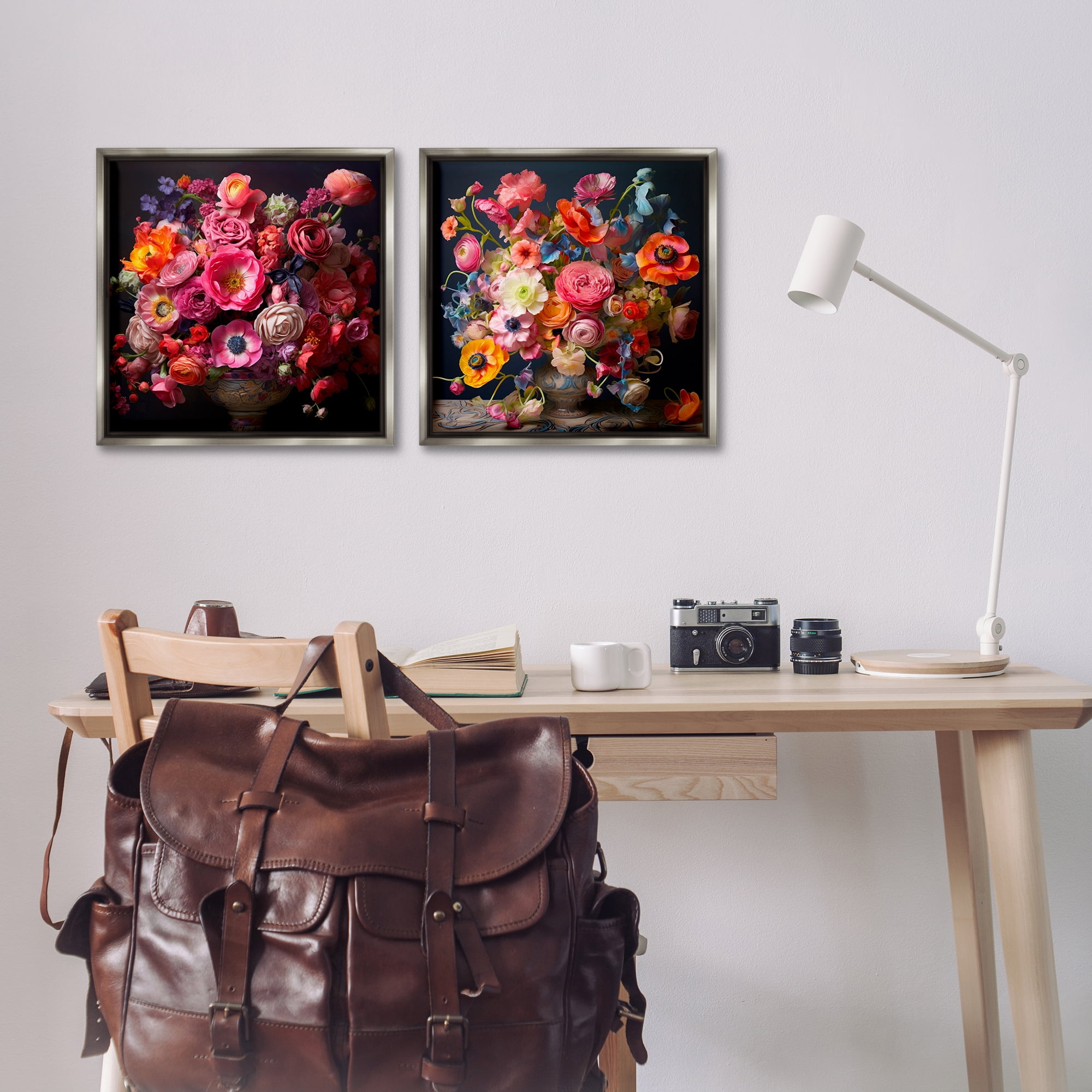 Stupell Industries Stunning Still Life Floral Arrangement Plants & Flowers Photography Gray Floater Framed Canvas Art Print Wall Art, 18 x 18, Set of 2