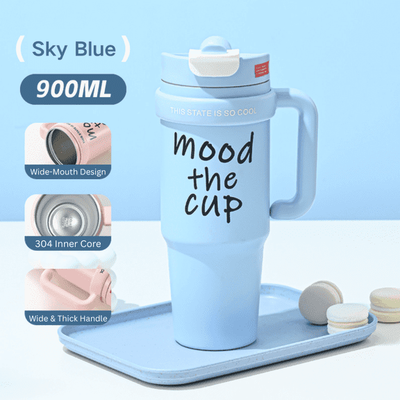 FTCBJJA 32oz Stainless Steel Insulated Tumbler with Handle and Straw – Double Wall Insulated, Leak-Proof Travel Mug, Cup Holder Compatible(Blue)