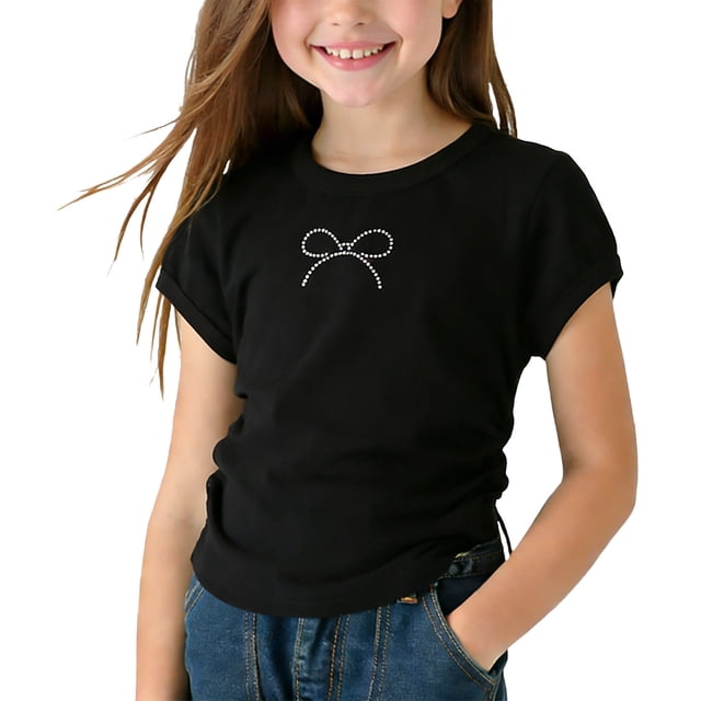 Wo-Fusoul T-Shirt for Girls 0-6 Years, Short Sleeve Round Neck, Solid Color Stretch Fit Top with Rhinestone Bow Design, Summer Casual Tee