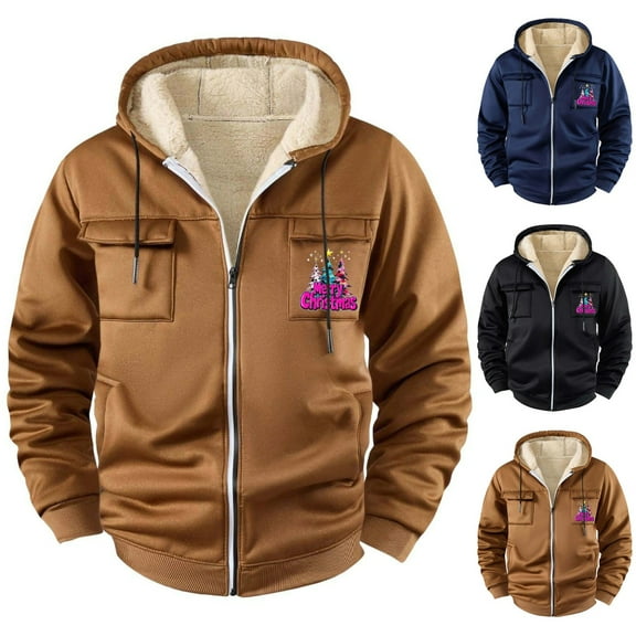 BiZtdJrK Winter Warm Mens Sherpa Fleece Lined Hoodie Christmas Graphic Print Zip Up Hooded Sweatshirt Jacket Cargo Coats with Pockets, Blue, XXL