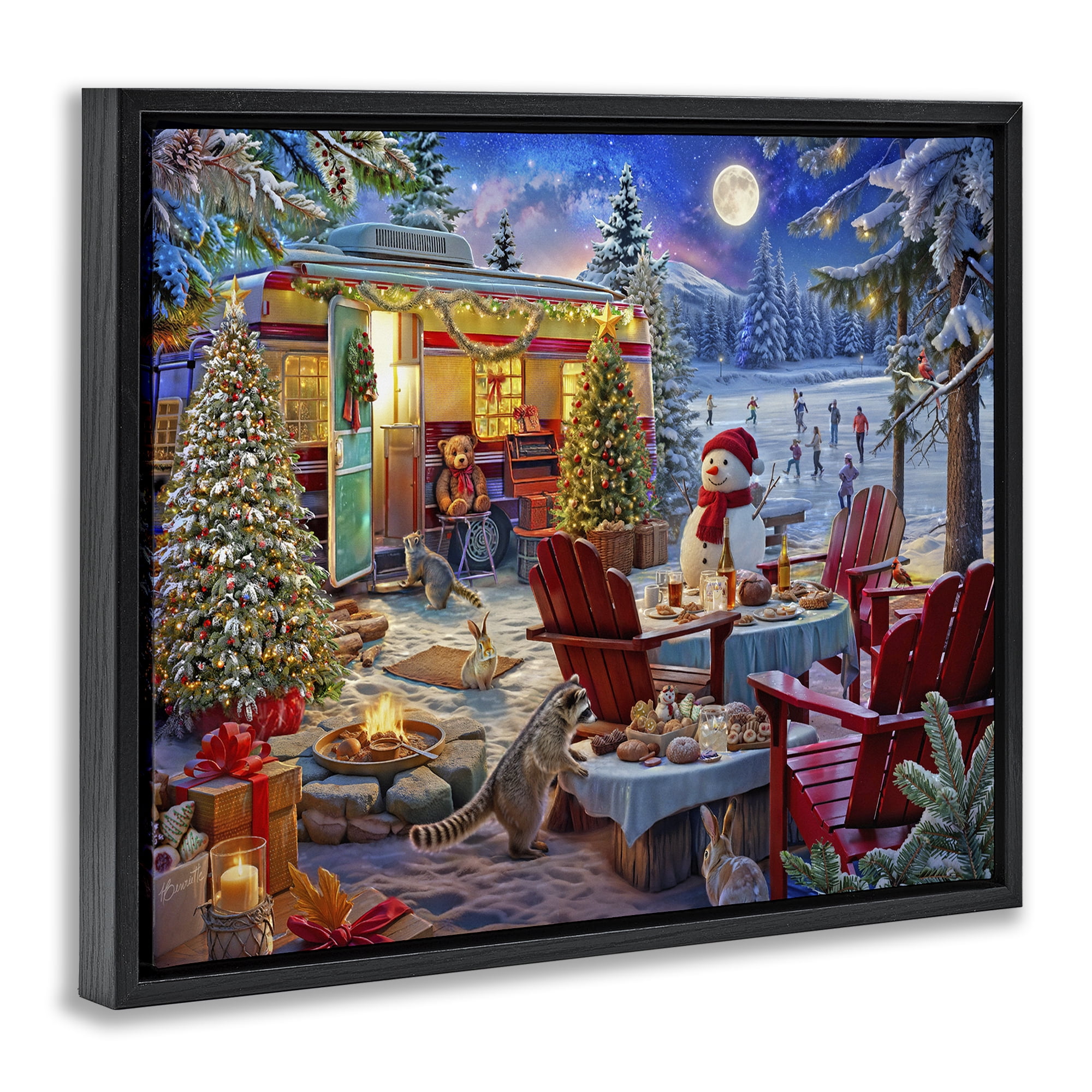 Winter Holiday Camper Party Black Framed Floater Canvas Wall Art, design by Henriette Chinaglia