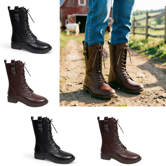 Crunowin Women's Lace-Up Motorcycle Boots Brown Color Side Zipper Fall Winter Casual Shoes Black Size 7.5