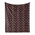 thumbnail image 1 of Yellow Damask Soft Flannel Fleece Throw Blanket, Graphic Pattern of Oriental Leaf and Dot Repeating Print, Cozy Plush for Indoor and Outdoor Use, 70" x 90", Dark Purple and Yellow, by Ambesonne, 1 of 6