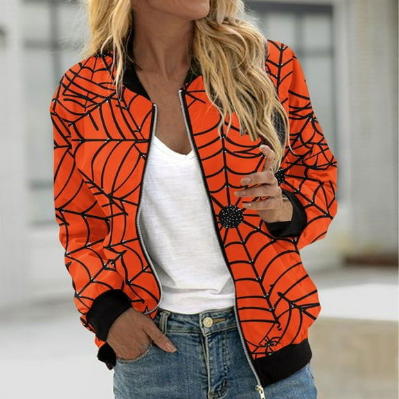 WXLWZYWL Womens Halloween Bomber Jacket Trendy Pumpkin Ghost Bat Spider Floral Print Casual Coat Zip Up Outerwear Windbreaker with Pockets Stand Collar Fall Clothes