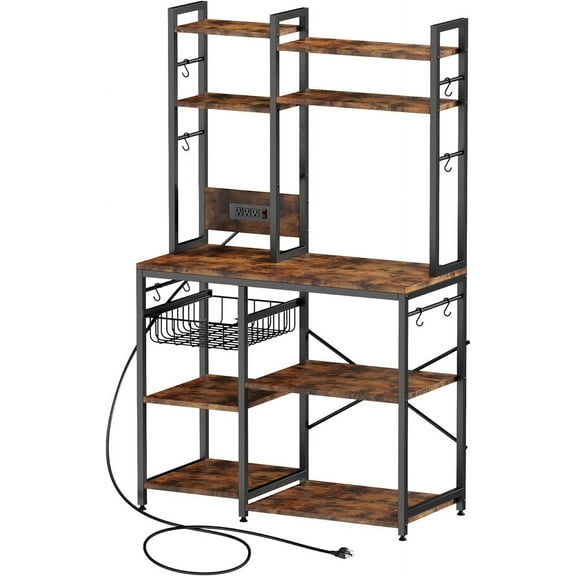 Standing Kitchen Baker’s Rack, Bakers Rack with Power Outlet, 6-Tier Microwave Stand, Coffee Bar with 12 S-Shaped Hooks, Kitchen Shelf with Storage, Coffee Bar Station, for Rustic Brown