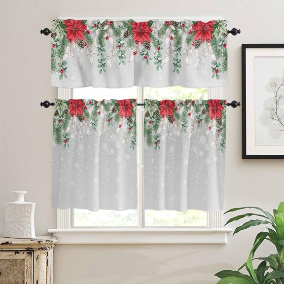 3 Piece Curtains Tiers and Valances Set, Christmas Poinsettia Flower Pine Cones Eucalyptus Leaf Winter Snowflake Gray Rod Pocket Short Window Treatment Curtains Panel and Valance for Bathroom Kitchen