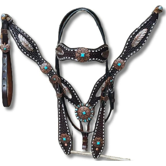 Western Premium Leather Equestrian Headstall, Breast Collar, Reins & Wither Straps - Hand-Carved Tooled Beaded Design (FULL)
