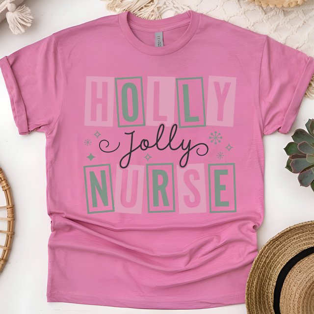 Holly Jolly Nurse Graphic T-Shirt with Fun Letter Design, Heliconia, Size 3XL