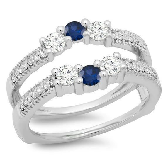 Dazzlingrock Collection 14K Blue Sapphire & White Diamond Wedding Band 3 Stone Enhancer Guard Double Ring, White Gold, Size 6.5