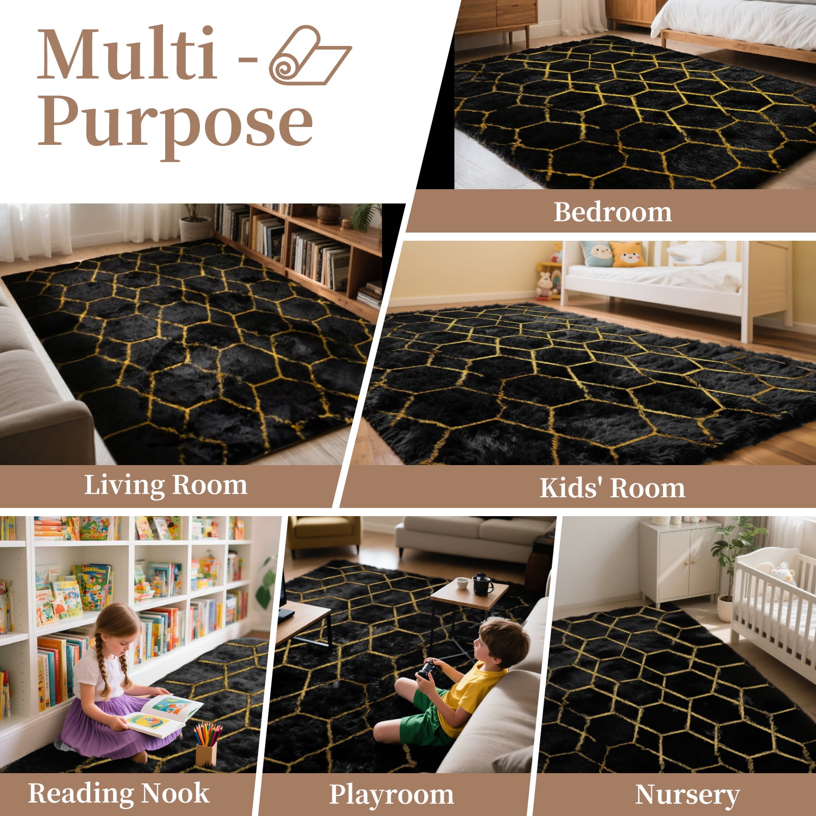 8ft x 10ft Area Rug, Soft Fluffy Area Rugs for Living Room Bedroom Geometric Carpet, Black and White