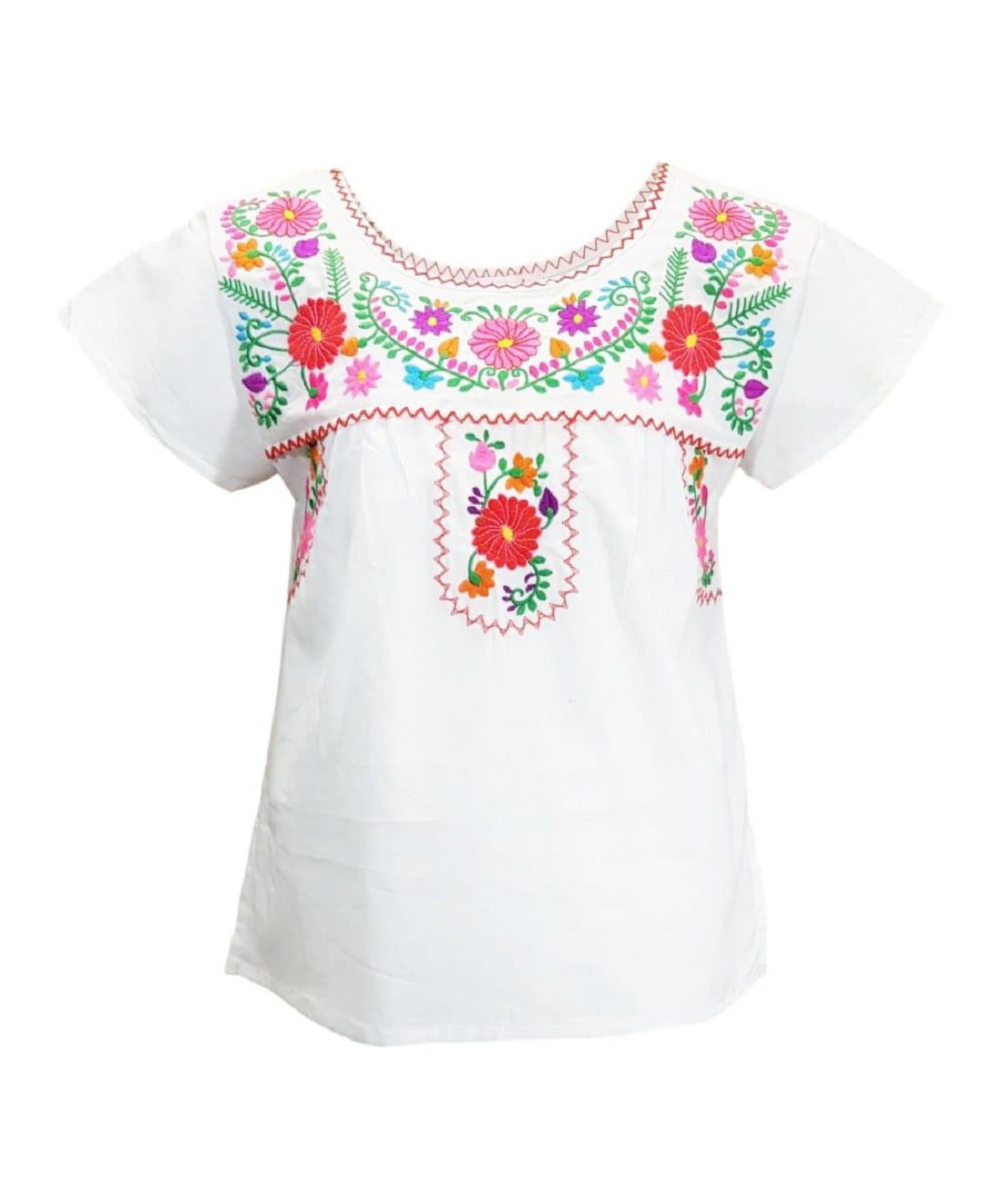 Vintage Blouse  Embroidered Smock Top  Flowered White Tunic  Colorful Floral Short Sleeve  Cotton Shirt Size Small