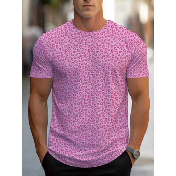 Men's Pink Leopard Print T-Shirt - Stylish and Comfortable Short Sleeve T-Shirt for Everyday Wear - Perfect for Casual Wear and Fitness Training - Light and Breathable Fabric