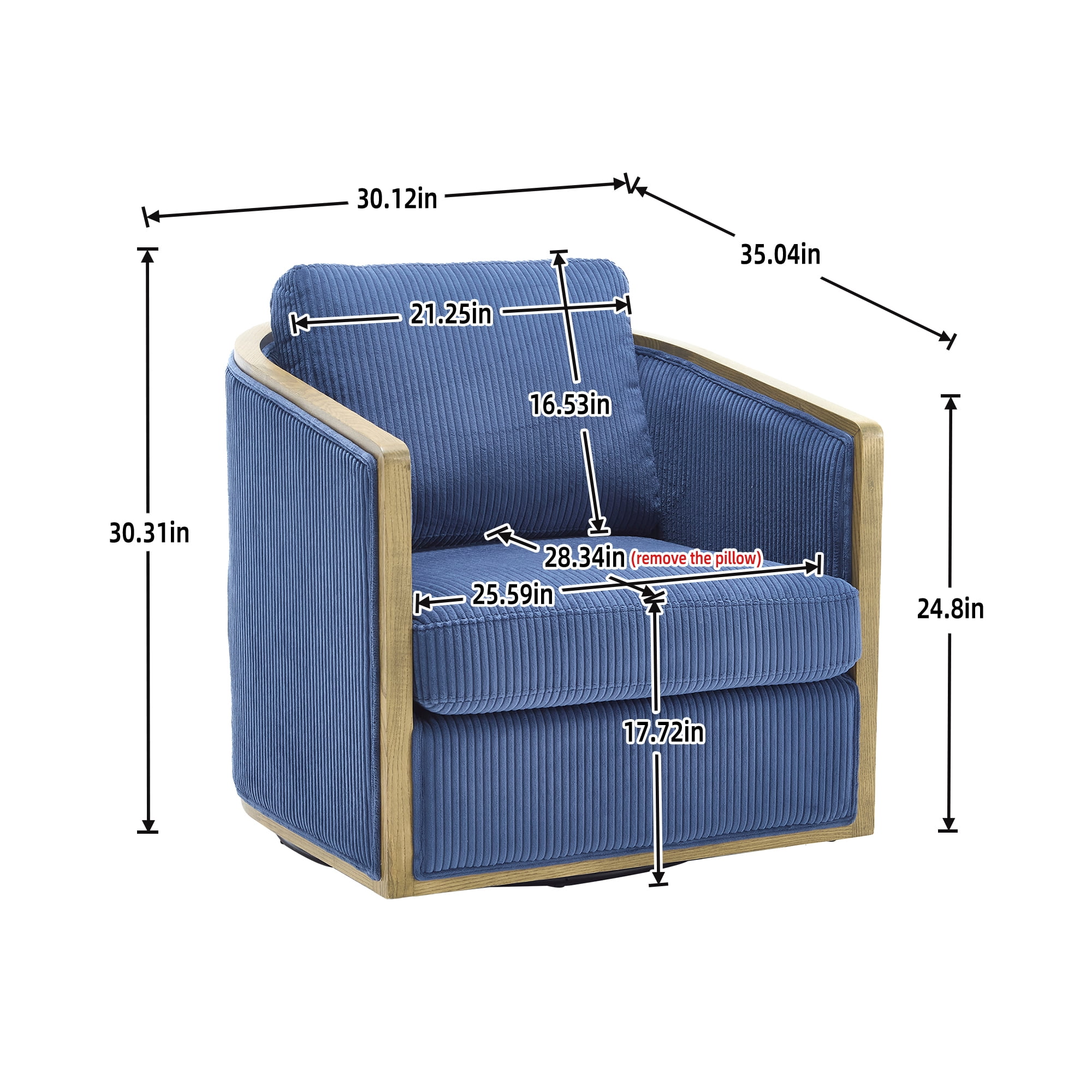 MOONMISS Corduroy Upholstered 360°Swivel Comfortable Round Barrel Chair for Living Room,Bedroom-Navy Blue