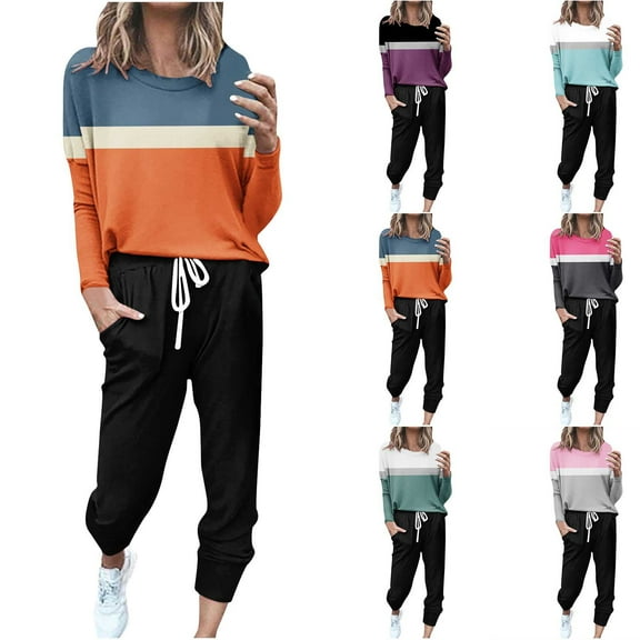 QQAMB Women Sweatsuits Oversized Crewneck Color Block Sweatshirt and Drawstring Pant 2 Piece Outfit Sets
