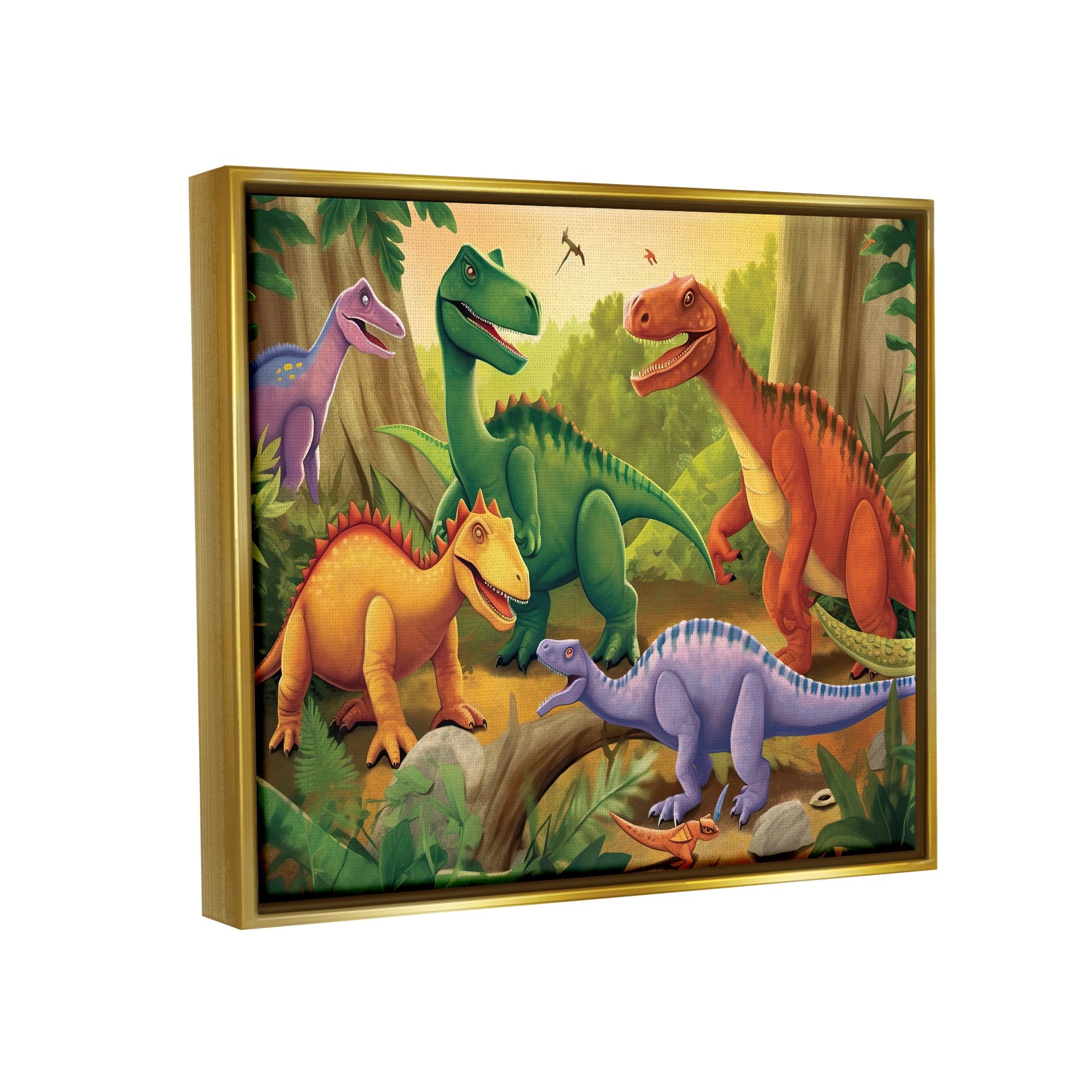 Stupell Industries Dinosaurs in Jungle Scene Animals & Insects Painting Gold Floater Framed Art Print Wall Art, 21 x 17