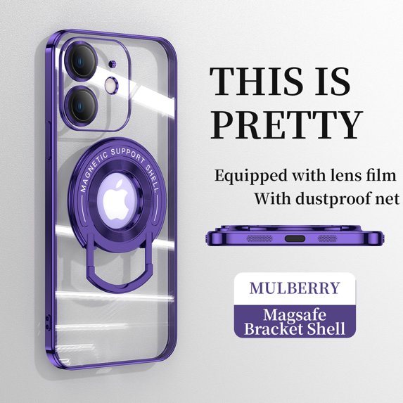 ELEHOLD Plating Case for iPhone 11 6.1",Transparent Clear Back Magnetic Compatible with MagSafe Charging Foldable Kickstand Shockproof Anti-Yellowing Case,Darkpurple