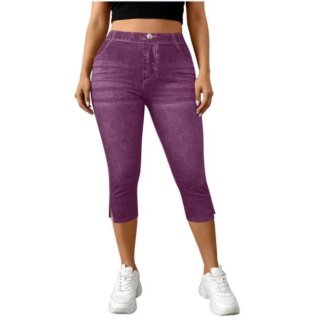 Pantalones de Cintura Elásticos para Mujeres Casual Caminando con Bolsillos Impresos No Tejido Denim Imitación Denim Hendidura Doblado Cómodo para Salir