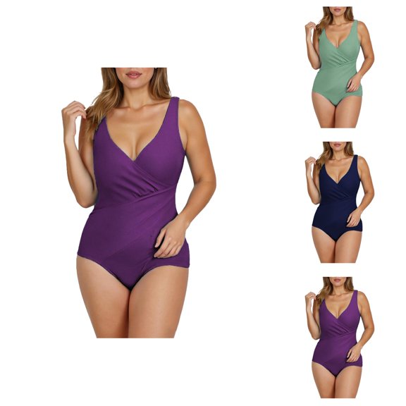 One Piece Swimsuit Women Tummy Control V Neck Ruched Backless Bathing Suits Swimwear