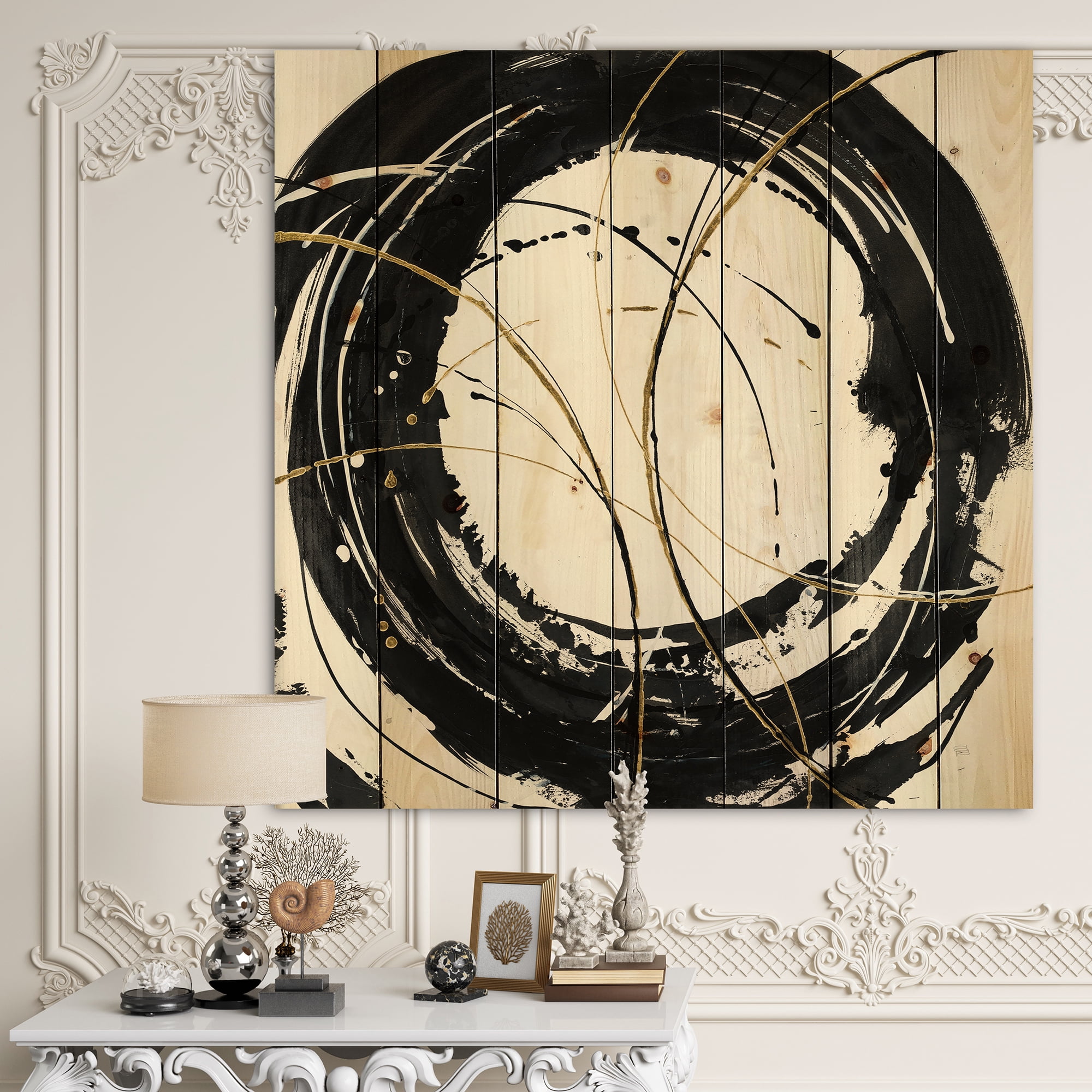 Designart 'Gold and Black Metallic Circle' Modern Glam Print on Natural Pine Wood