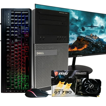 Dell Gaming Computer, Intel Quad-Core i7, GeForce GT 730 (2GB), 240GB SSD + 1TB HDD, 16GB DDR3 RAM, DVD, WIFI, Bluetooth, Windows 10 Home Gaming, NEW 24” LCD, RGB Gaming Bundle (Renewed)