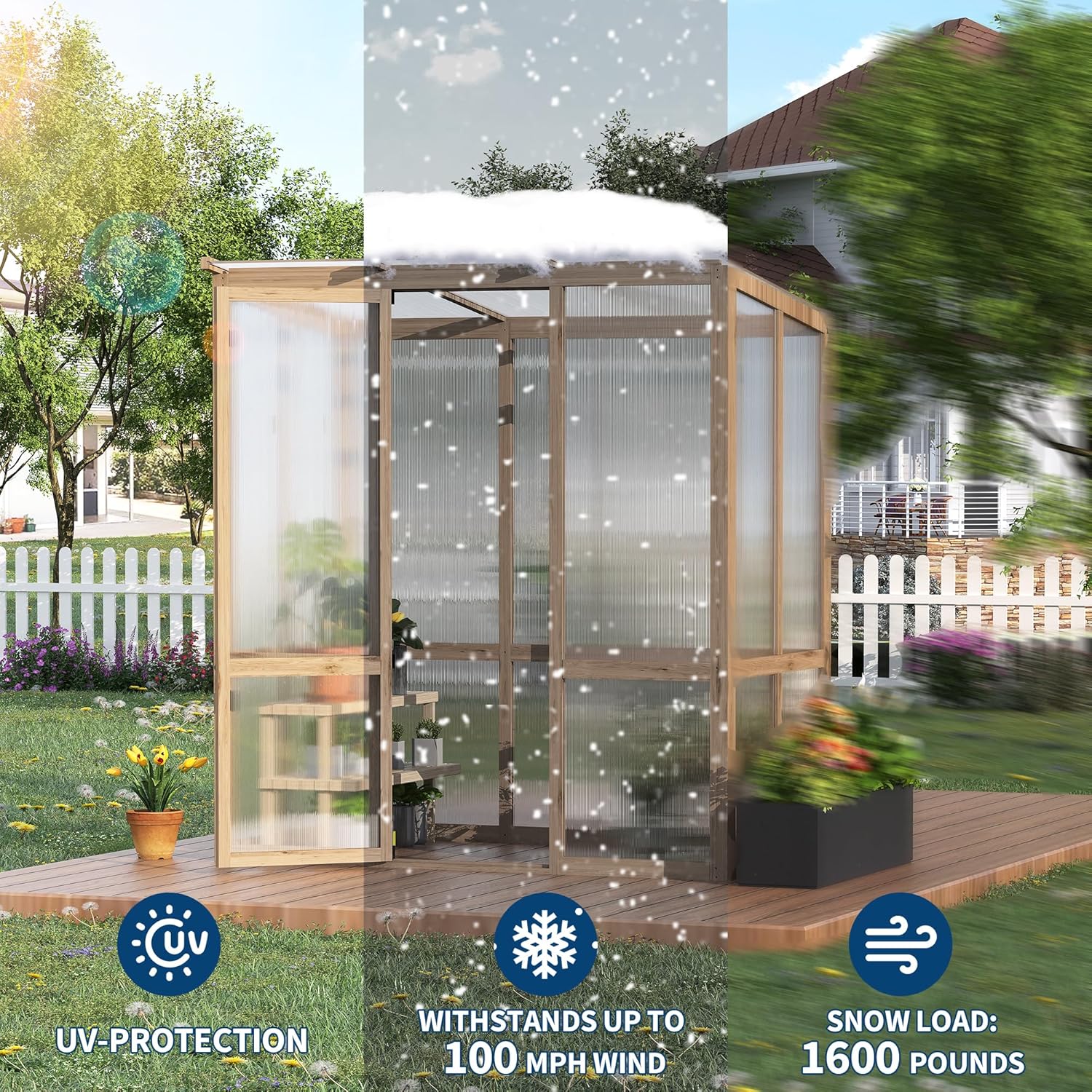 Gaderth 4x6FT Wooden Greenhouses with Roof Vent, Wooden Walk-in Green House with Cedar Frame, Greenhouse Kit with 6MM Thick Polycarbonate Panel