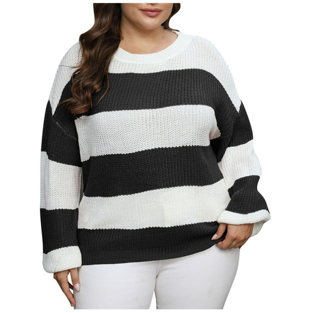 Rbaofujie Chandails Molletonnés pour Adolescentes Femmes Grande Taille Style Rayures Contrastées Intercolor Chandail à Enfiler Col Rond Hauts Chandails à Capuchon Noirs pour Filles