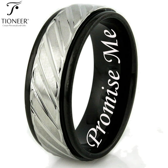 Tioneer Stainless Steel 316L Two-Tone Black-Silver Braided Groove Wedding Band Promise Ring Comfort Fit 8MM Promise Me Engraved