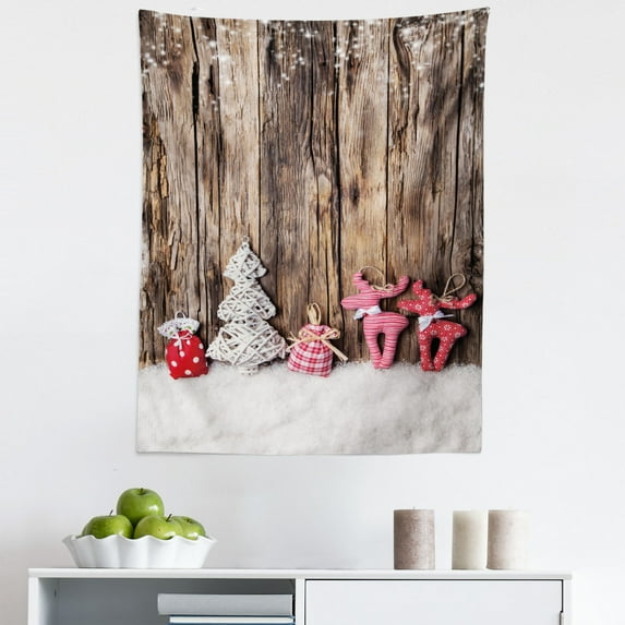 Winter Tapestry, Traditional Cloth Christmas Inspired Rustic Wooden Planks Vintage, Fabric Wall Hanging Decor for Bedroom Living Room Dorm, 5 Sizes, Brown White Pink, by Ambesonne