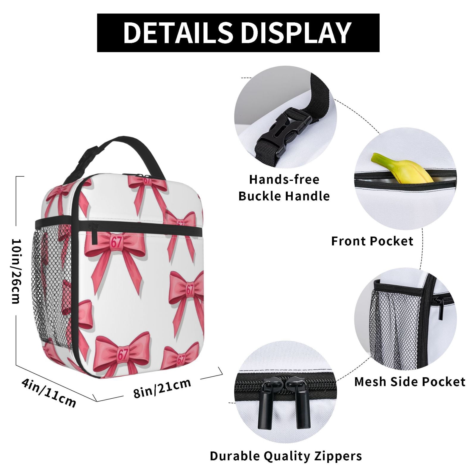 Lunch Bag For Women Men Insulated Portable Lunch Box Bento Box Office Picnic Travel Cooler Bag Pink Ribbon Pattern 67 (3)