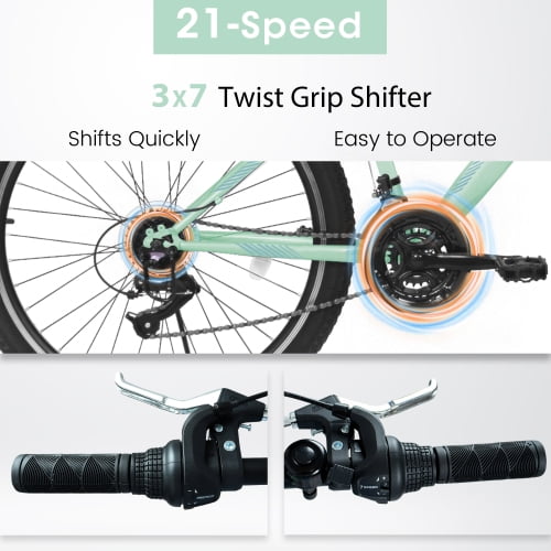 FUPOJH 24-Inch Women's Mountain Bike, 21-Speed, Front Suspension, Dual V-Brakes, 80% Pre-Assembled Adult Trail Bike