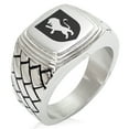 thumbnail image 1 of Stainless Steel Lion Courage Coat of Arms Shield Geometric Pattern Step-Down Biker Style Polished Ring, 1 of 1