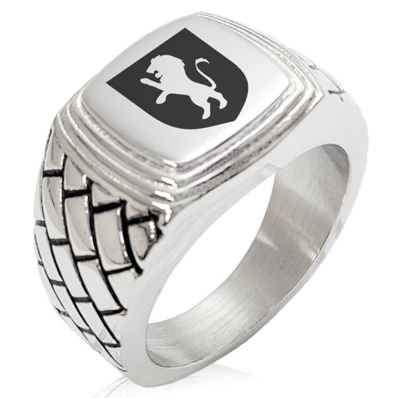 Tioneer Stainless Steel Lion Courage Coat of Arms Shield Geometric Pattern Step-Down Biker Style Polished Ring