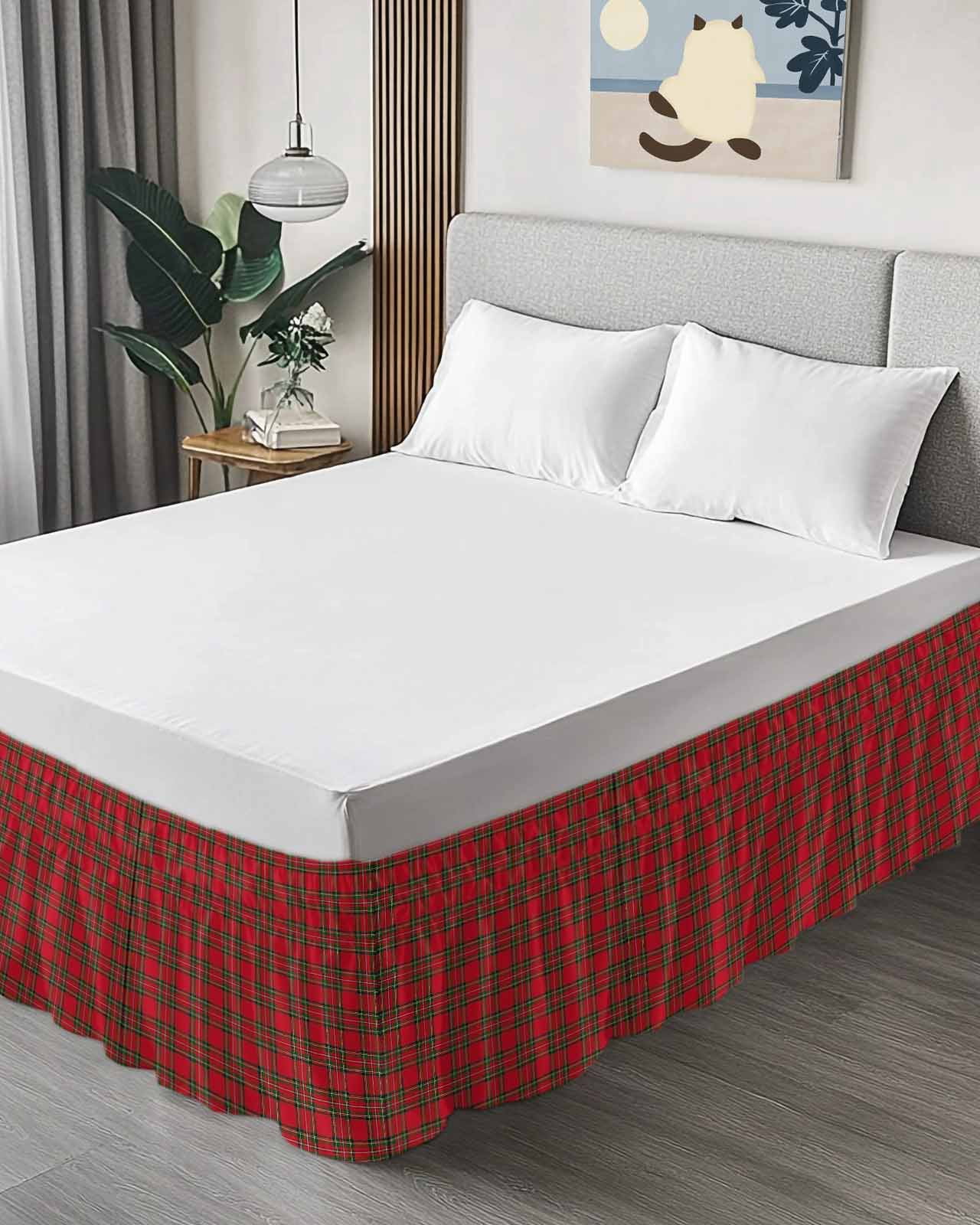 Christmas Red Bed Skirt King Size 16&nbsp;Inch Drop, and Green Buffalo Plaid Wrap Around Dust Ruffle Bedskirts, Wrinkle & Fade Resistant Easy Fit Bedskirt with Adjustable Elastic