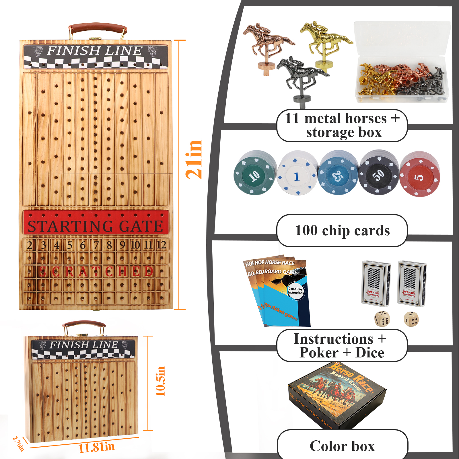 Grhonior Foldable Horse Race Board Game Adult with 11 Metal Horses and 100 Chips, 1 Pack