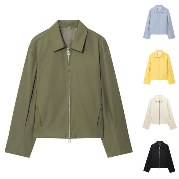 FRSASU Women Long Sleeve Jacket Fall Casual Zipper Lapel loose Solid Color Long Sleeved Jacket Top Yellow