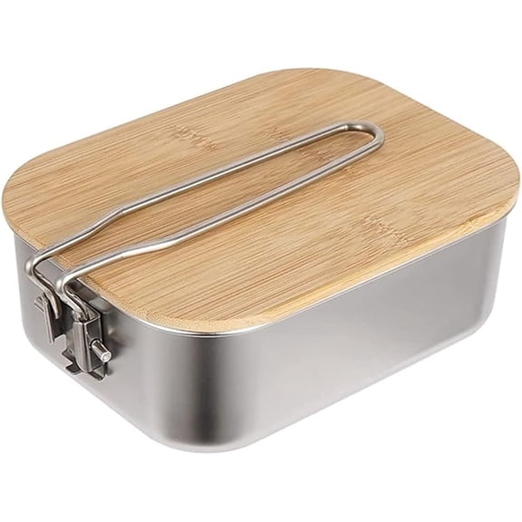 ABPETE Stainless Steel Camping Cookware Pot with Bamboo Chopping Board, Camping Mess Tin with Foldable Handle and Lid, Applicable for Camping Hiking BackPacking (30oz)