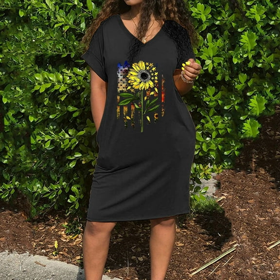DailyTrove Women's Sunflower Graphic T-Shirt Dress, Short Sleeve, Casual Picnic & Festival Wear, Mid-Weight Cotton Blend