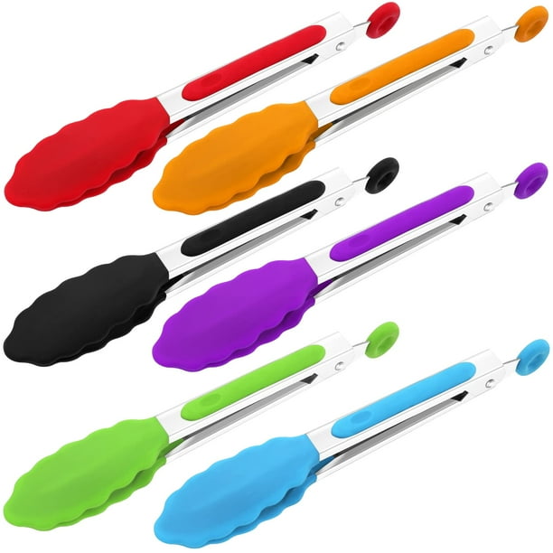 Nunesoke Paquete De 6 Pinzas De Cocina, Pinzas Pequeñas De Silicona De 7 Pulgadas, Pinzas Para Servir Con Puntas De Silicona, Anillos Deslizantes, Pinzas Para Alimentos, Pinzas De Cocina De Acero Inox