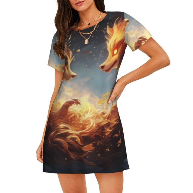 Fotbe Red And Gray Flame Fox Bata de Dormir para Mujer con Estampado, Camisón de Algodón de Manga Corta, Ropa de Dormir Casual