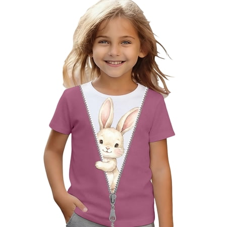 Valora Little Kid Girls Casual Top for Toddlers and Kids Featuring Adorable Bunny Graphic - Playful Everyday Tee for 3-13 Years Old Comfortable Daily Wear Pink 6-7 Years