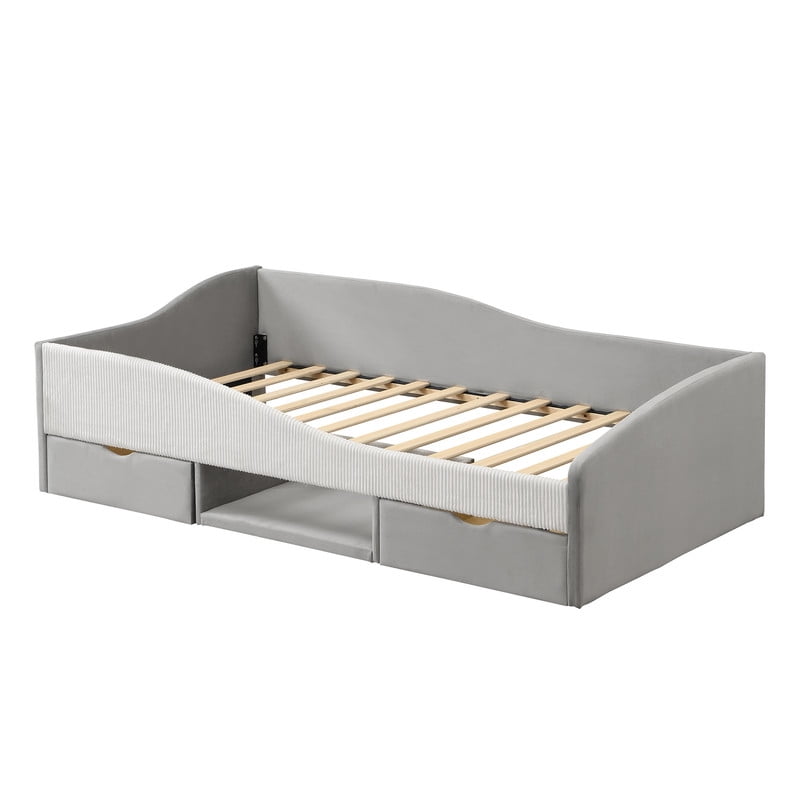 Twin Size Upholstered Daybed Frame, Low-Profile Storage Platform Bed with 2 Drawers and Open Compartment, Two-Tone Accent Kids Bed
