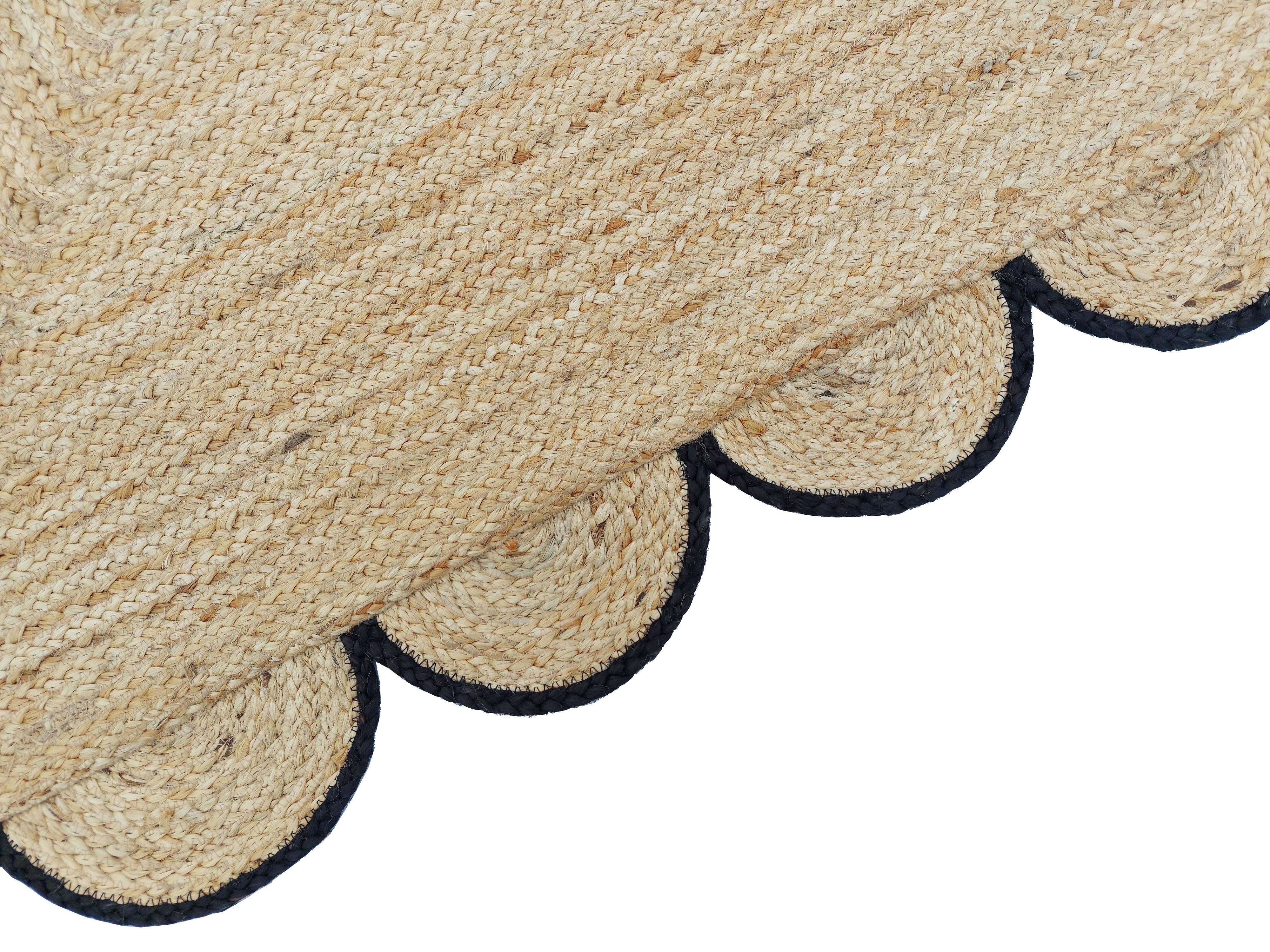 Jute Area Rug For Home And Living Room Décor Rectangular Scalloped Natural Jute Area Rug Carpet Black 2' x 16' BY KALVEERA