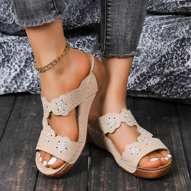 Jienlioq Clearance Summer New foreign Trade Large Size Wedge Fish Mouth Solid Color Large Size One Line Outside To Wear Beach Sandals Beige