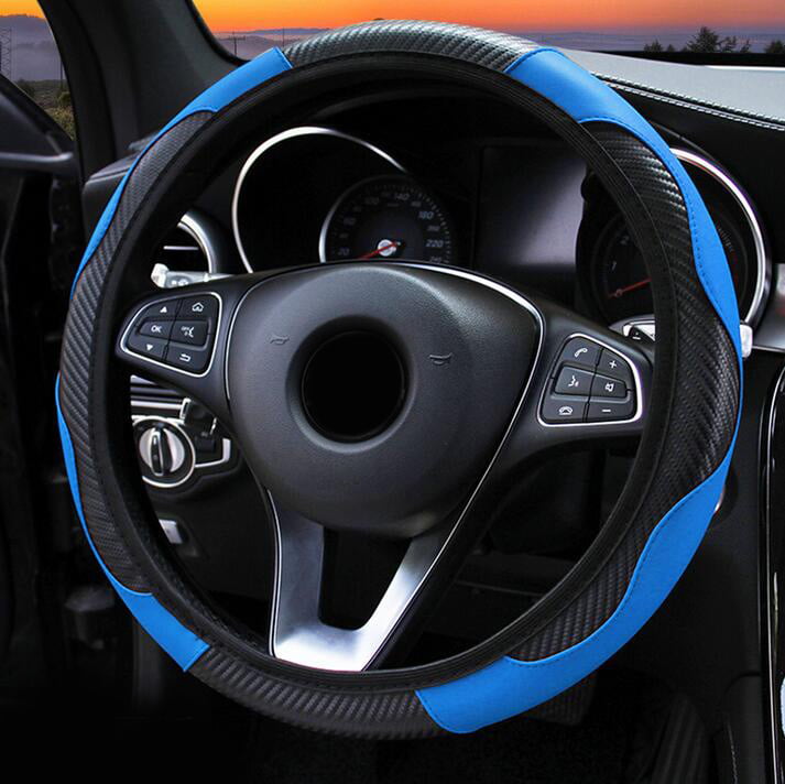 CAR STEERING WHEEL COVER SIZE 37-39cm BLUE & BLACK LEATHER