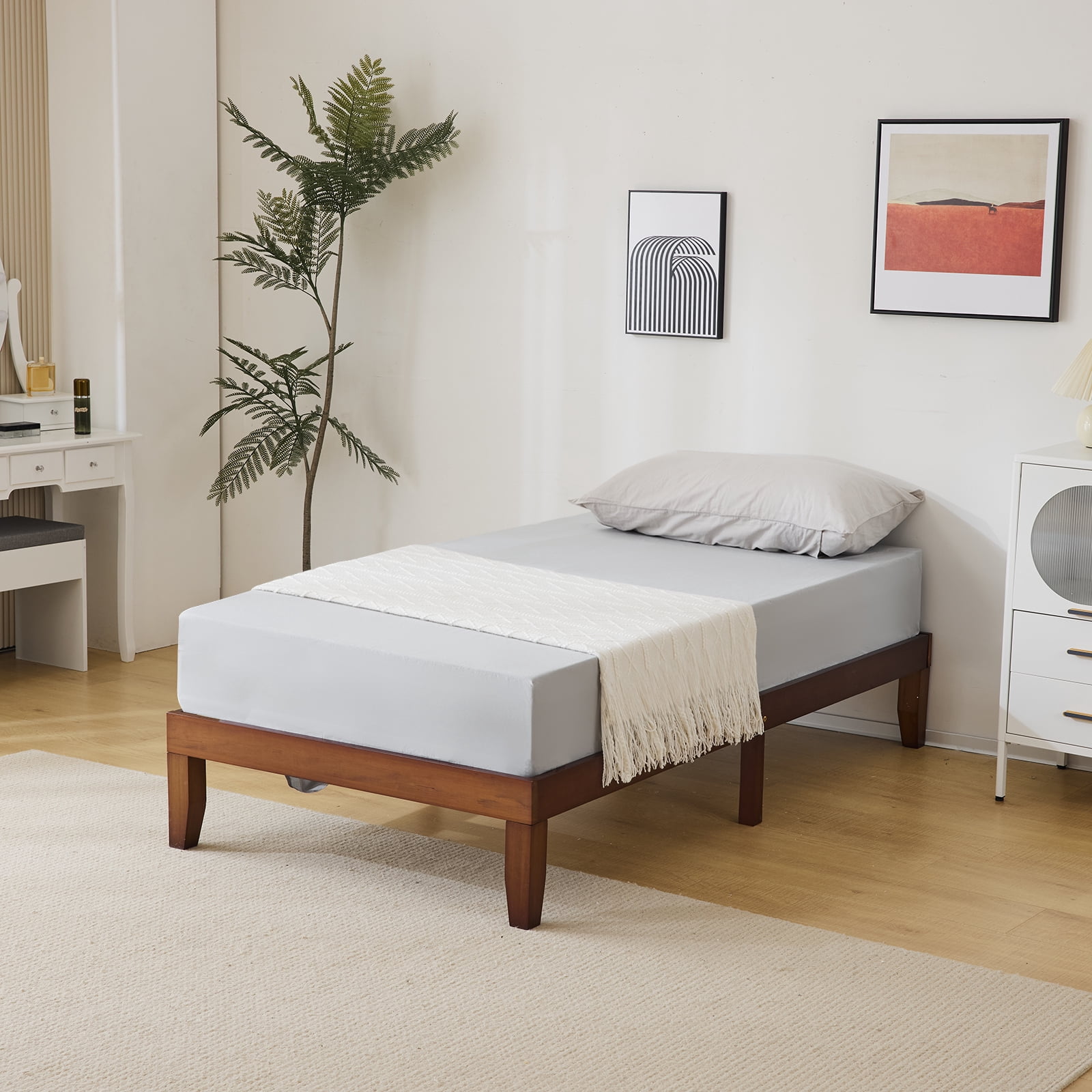 Twin Basic Bed Frame Pine Wood Painted Surface Bed Single Bed, 74.41*37.99*12in Coffee