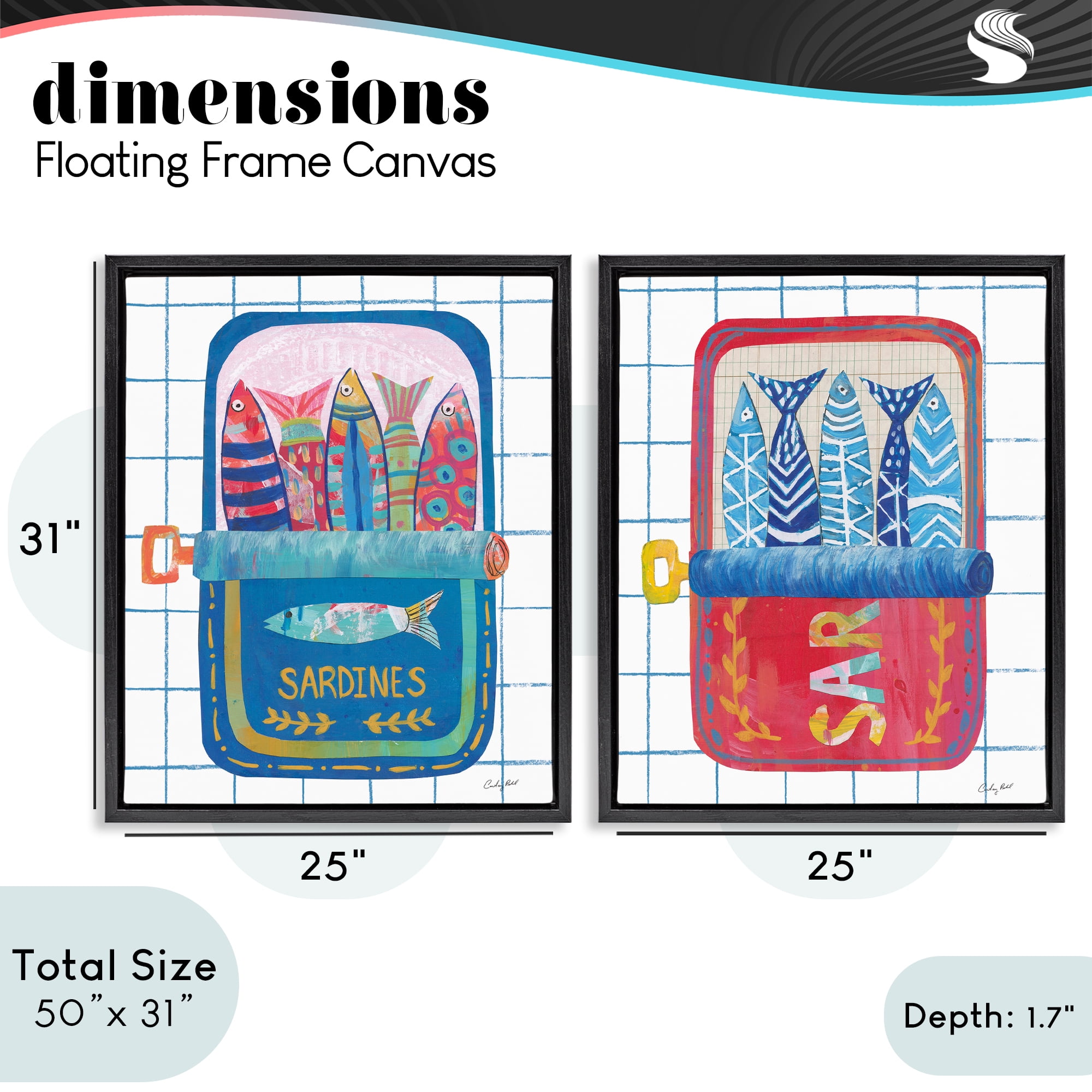 Stupell Industries Whimsical Silly Sardines 2 Piece Black Framed Floater Canvas Set, design by Courtney Prahl