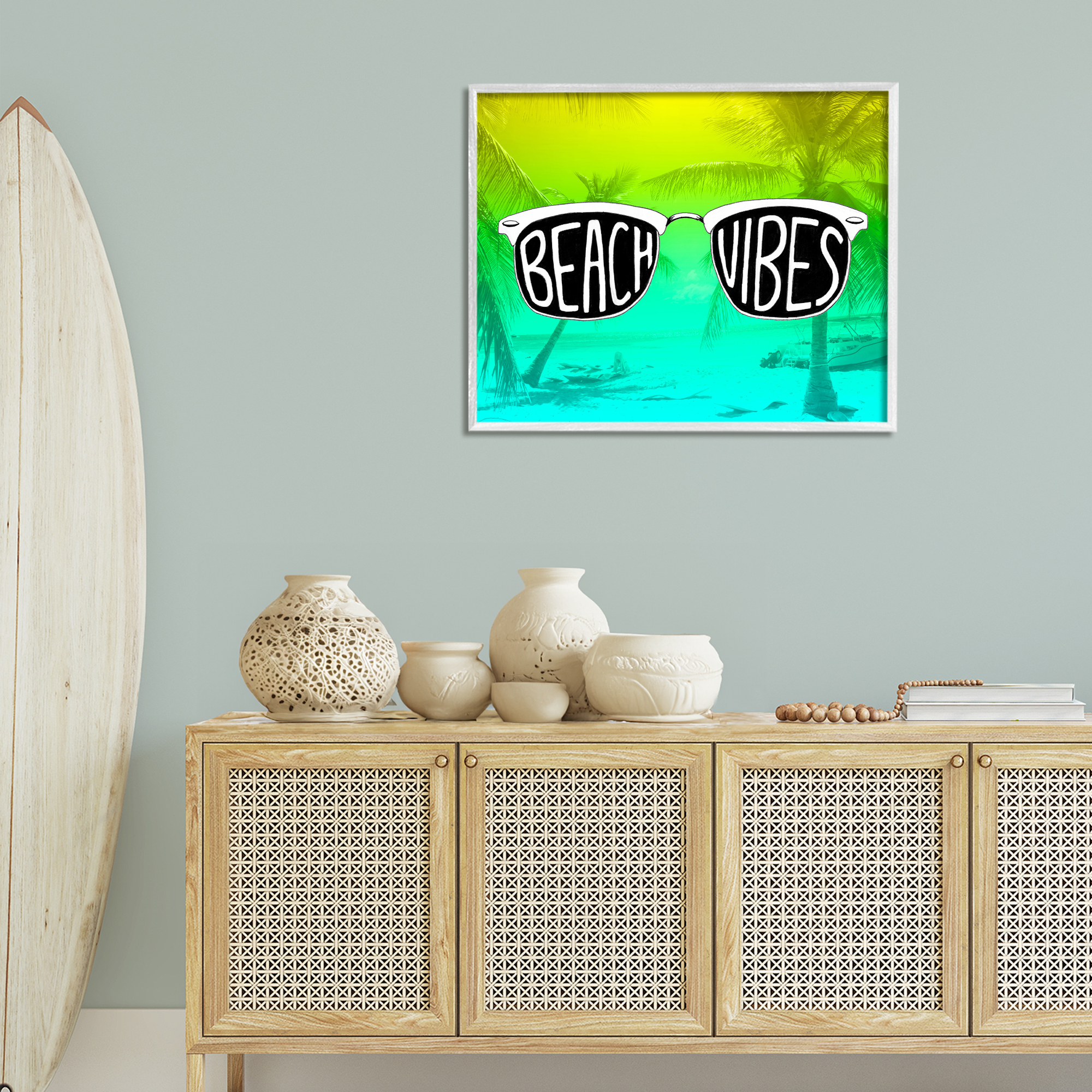 Stupell Industries Beach Vibes Sunglasses Typography Painting White Framed Art Print Wall Art, 30 x 24
