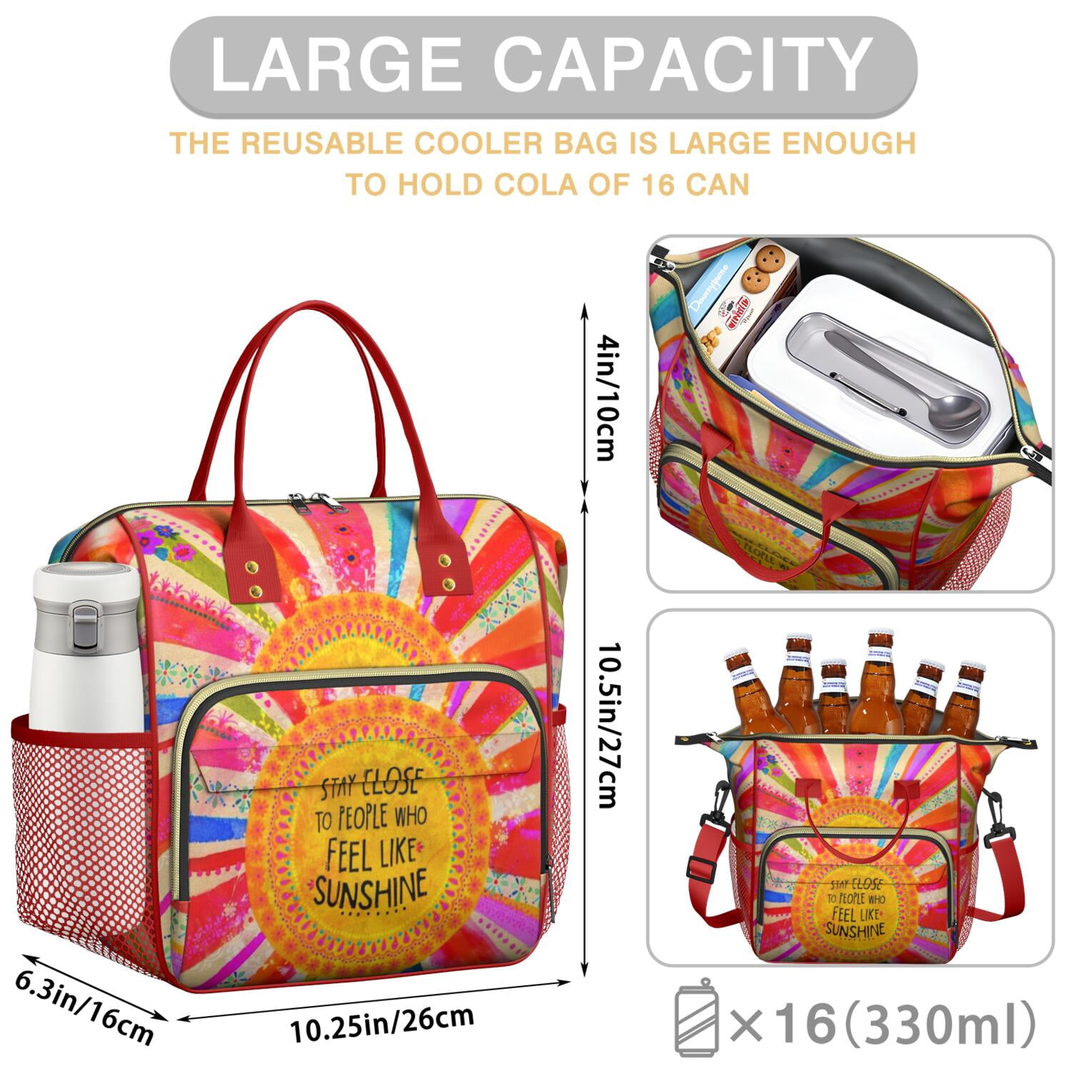 Vintage Floral Lunch Bag for Women – Large Insulated Lunch Box with Adjustable Strap, Leakproof Cooler Tote with Artistic Bohemian Style for Work, Beach, or Teachers