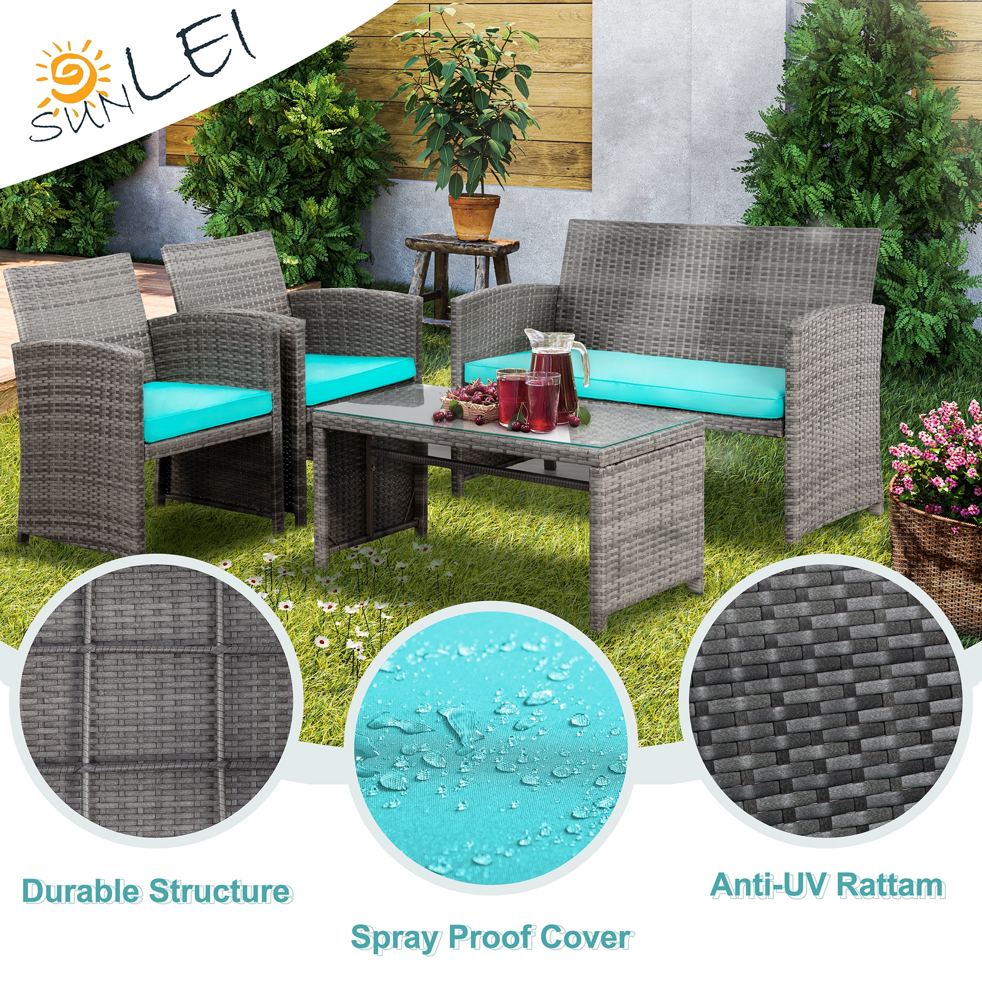 Walsunny Outdoor Patio Rattan Wicker Furniture Conversation Set 4 Piece with Cushions Tempered Glass Tabletop,Blue