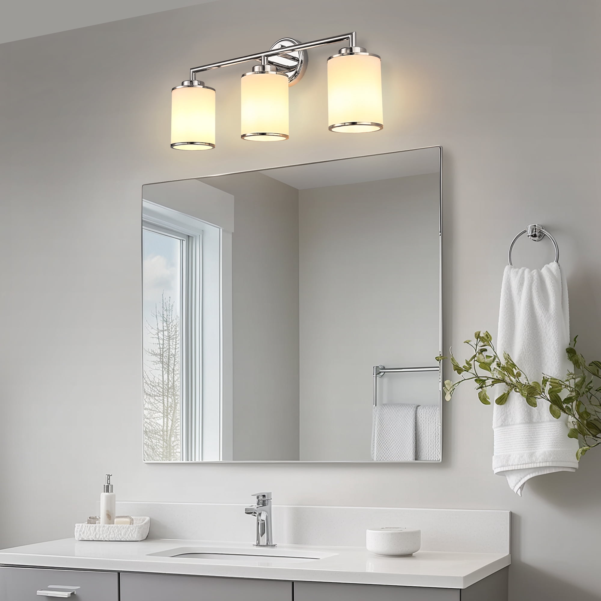 YANSUN 17.4in 3-Light Bathroom Vanity Light Fixture, Modern Chrome Wall Sconce with Glass Shades, E26 Base for Makeup Room Dressing Table Bathroom